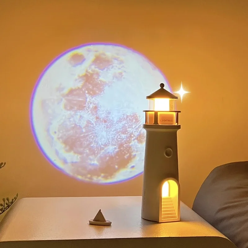 Art Deco Lighthouse Moon Projector, Rechargeable Induction LED Night Light, Living Room Fantasy Theme, Desktop Countertop Mount