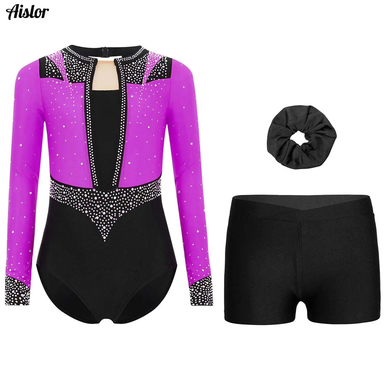 

Kids Girls Gymnastics Figure Skating Dance Outfit 3-Piece Keyhole Back Shiny Rhinestones Long Sleeve Leotard+Shorts+Hair Band
