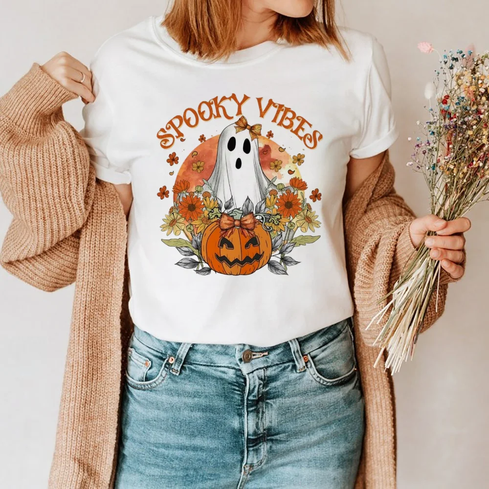 Women's Fashion T-Shirt Cartoon Cute Ghost Pumpkin T-Shirt Casual Printed Watercolor Trend 90s Pattern Top Women's Printed Cloth