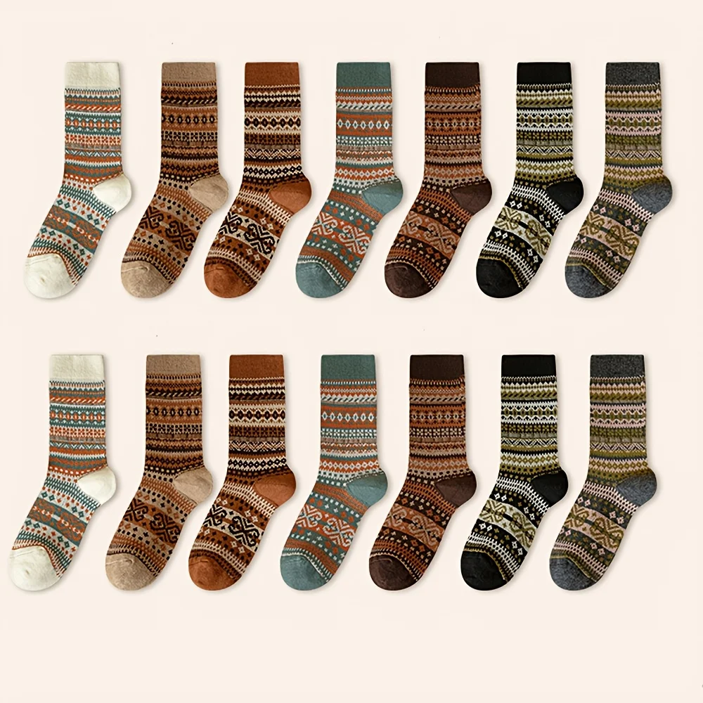 Retro 7-Color Mid-Calf Socks for Women - Ethnic Style, Fashionable Chunky Design for Autumn and Winter