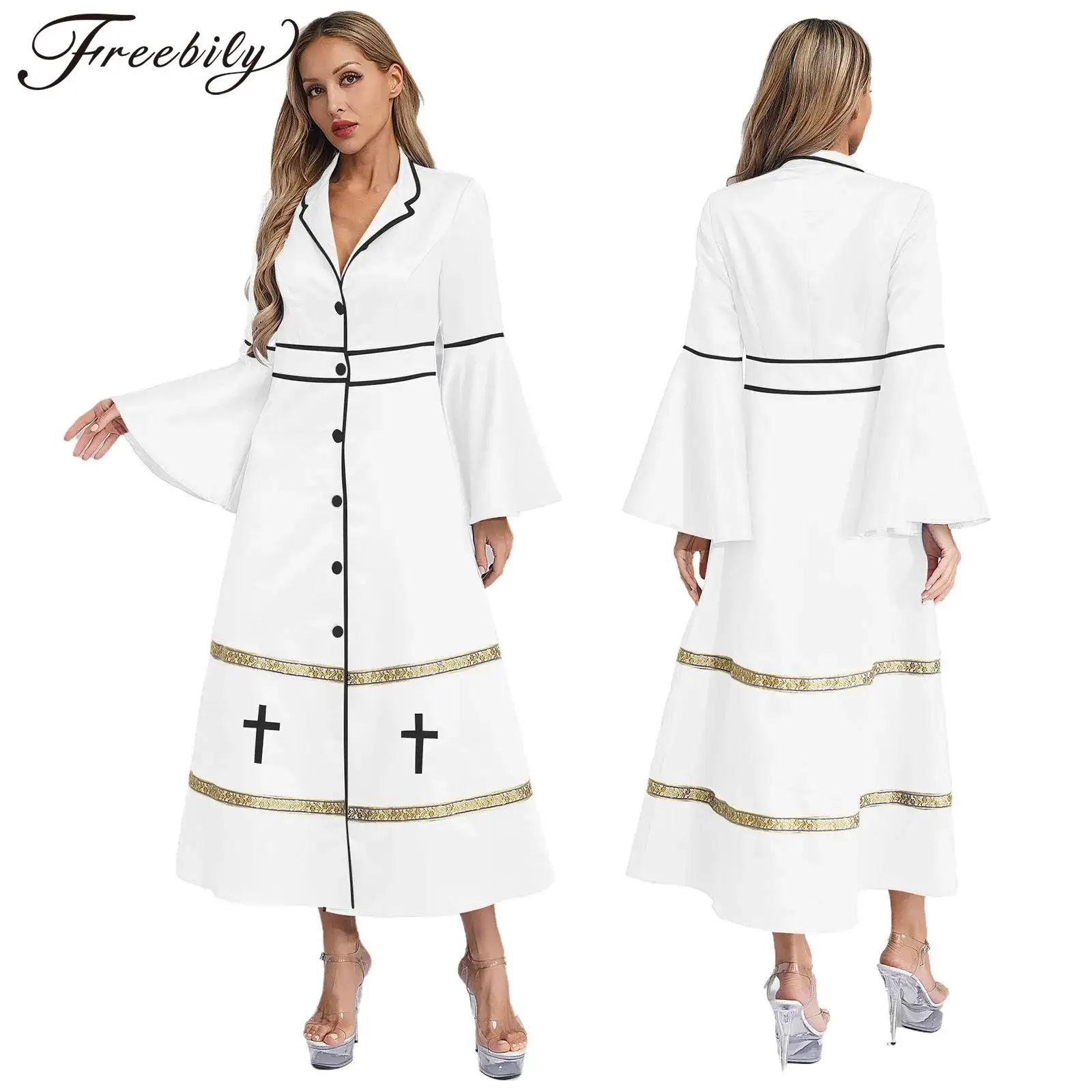 Women Pastor Robe Church Choir Gown Long Sleeve Cassock Pulpit Liturgical Vestments Halloween Clergy Priest Cosplay Costume