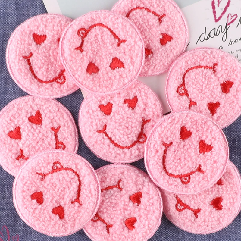 Chenille Smile Face Sew on Patch Towel Embroidered Sewing Pink Round Badges for Clothing girls Decoration DIY Accessories kawaii