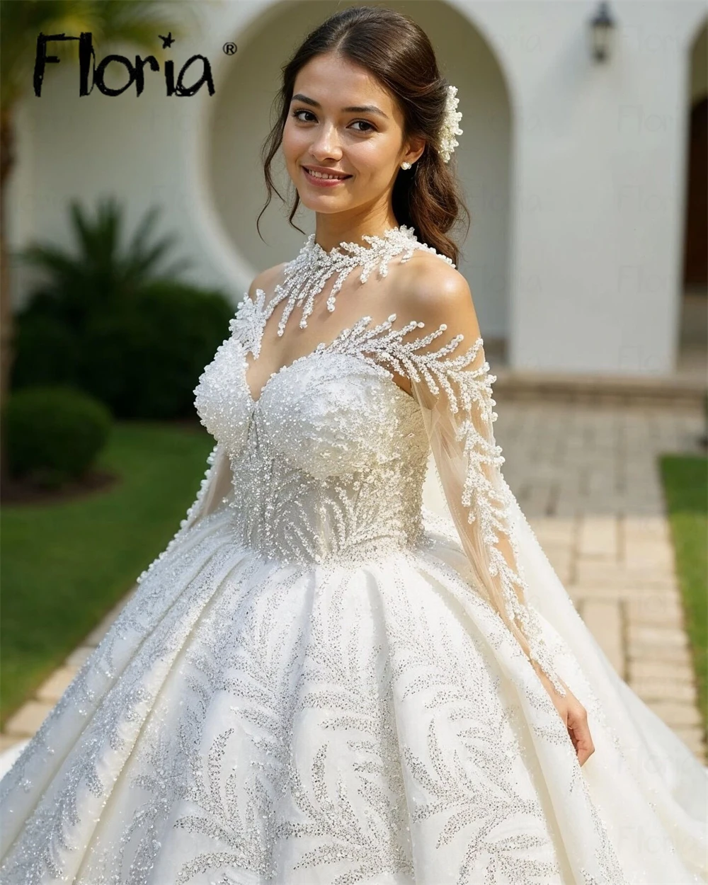 Luxury Appliques Wedding Dresses Woman's A-Line Dubai Princess Long Sleeve Pearls Bride Gowns Vestidos De Novia Customized