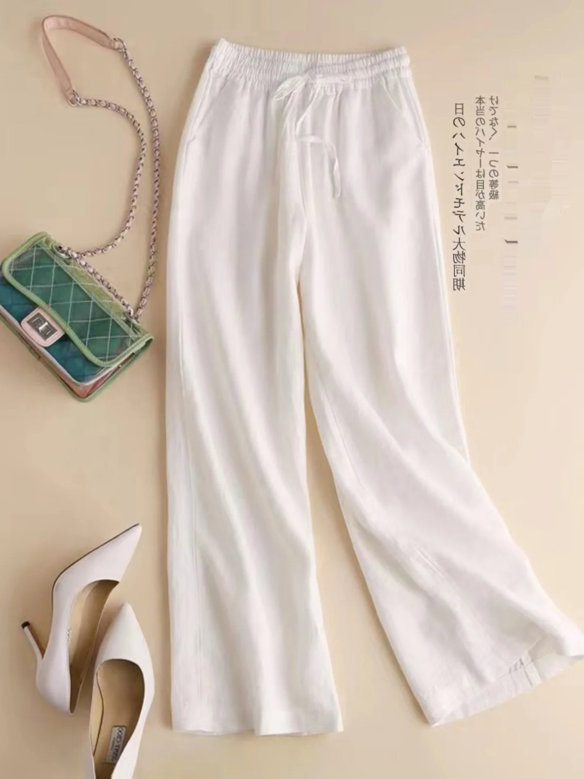 High Waist Draped Wide Leg Pants Women's Cotton Linen Casual Trousers Dstring Straight Cut Summer Long Pants