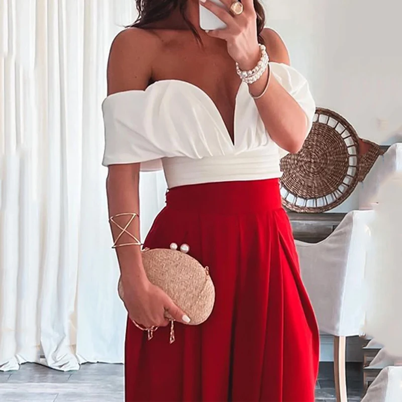 Wefads Women Two Piece Set Summer Fashion Strapless V Neck Short Sleeve Backless White Top Loose Pants Sets High Streetwear