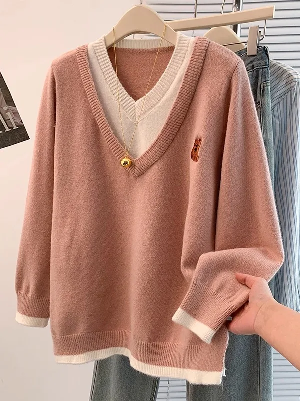 

Loose V-Ne Knitted Sweater Women's plus Size Boting Base Layer Top with Cartoon Embroidery Autumn Winter Faion Sle