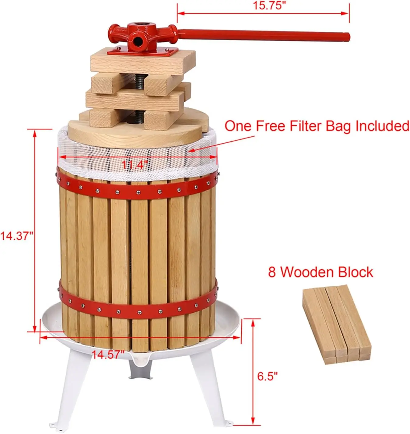 Wine Press, Cast Iron Manual Grape Presser for Wine Making, 100% Nature Wood Basket with 8 Blocks Heavy Duty Manual Juice Cider