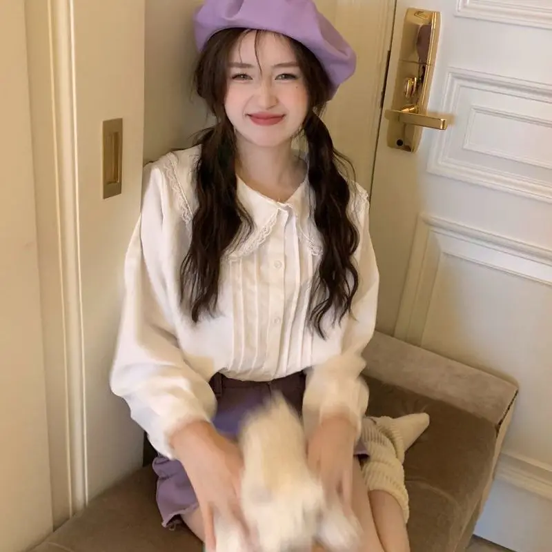 

Sweet Versatile Embroidered Babydoll Collar Shirt Women's Loose Fit White Top Casual Style Regular Sleeve Long Sleeve Autumn New