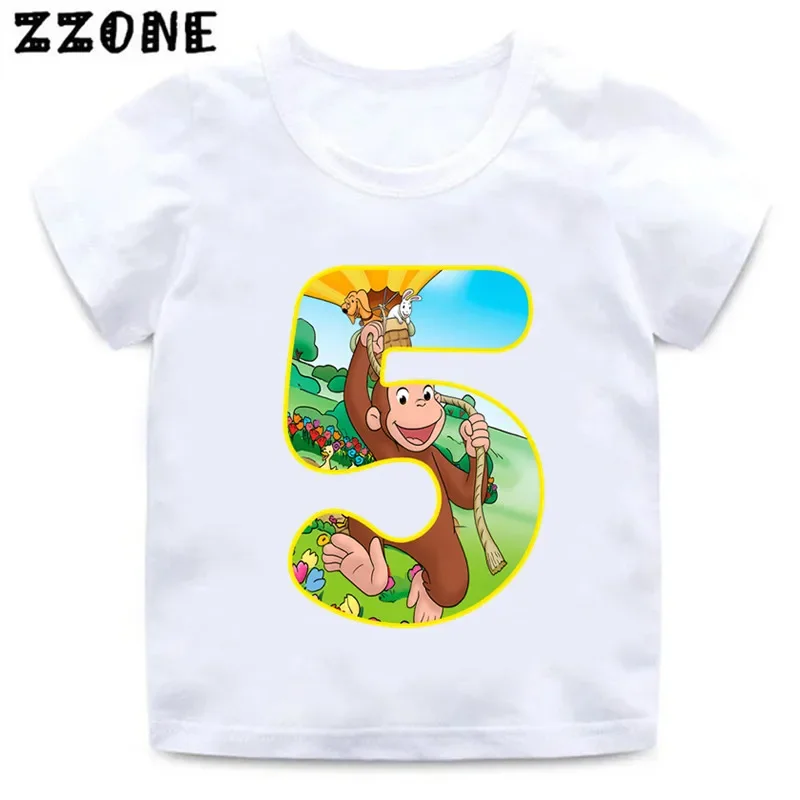 Curious George Cute Monkey Print Cartoon Boys Clothes 1 2 3 4 5 6 7 8 9 Years Birthday Number Kids T shirt Baby Girls T-Shirts