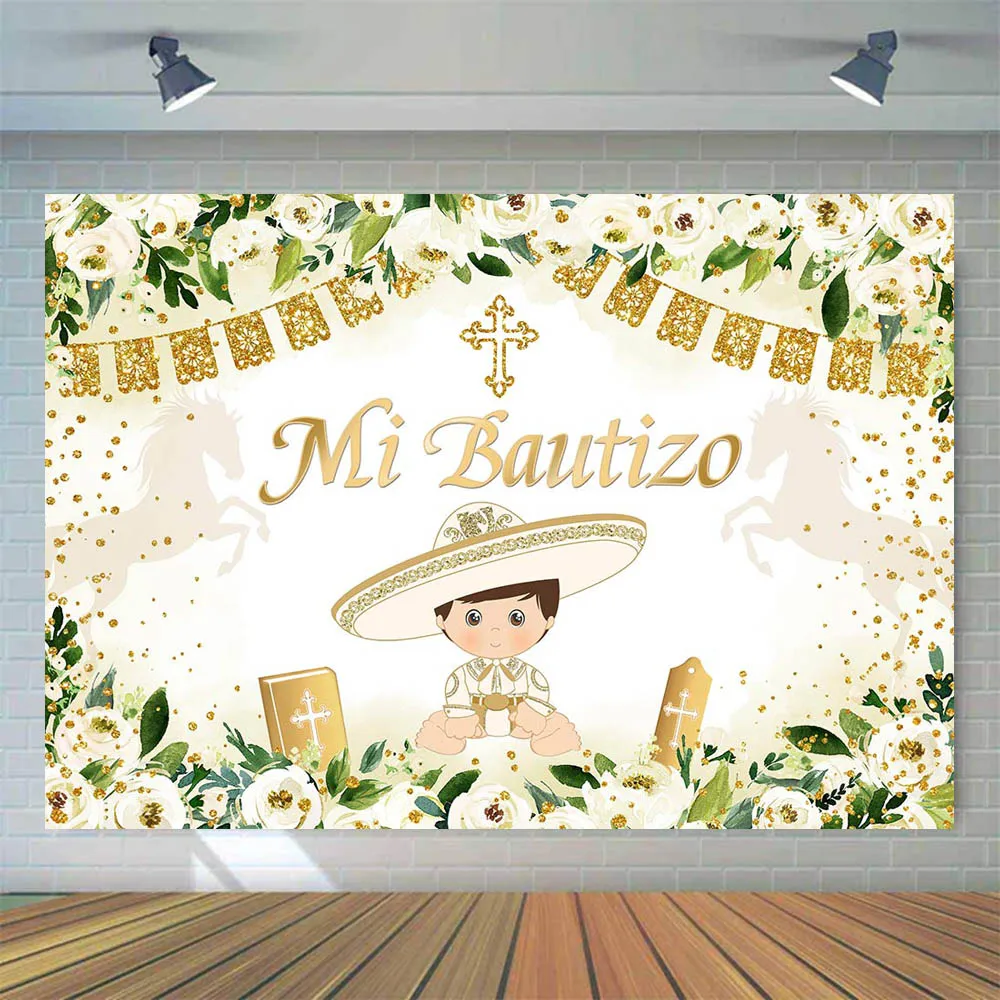 Mocsicka Mi Bautizo Newborn Baptism Backdrop Boy First Communion Party Decor Cross White Flower Christening Background Photocall