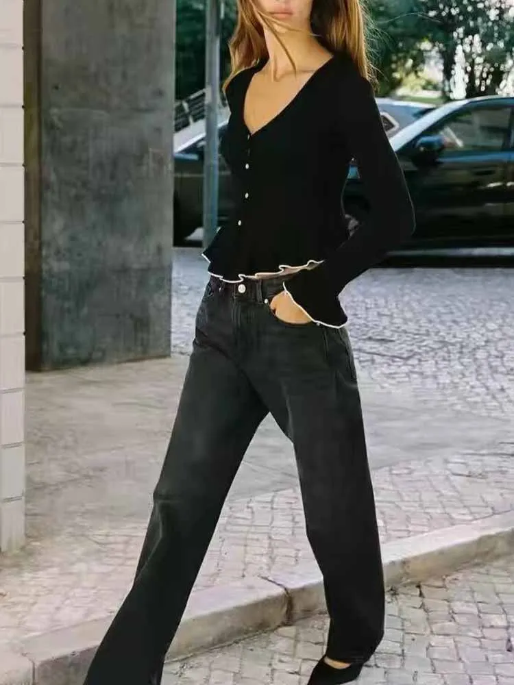 เสื้อโค้ทผู้หญิงสไตล์ยุโรปและอเมริกาแบบใหม่ เรียบง่าย ใช้งานได้หลากหลาย คอวี แขนยาว แต่งระบายหลายชั้น เนื้อผ้านุ่ม