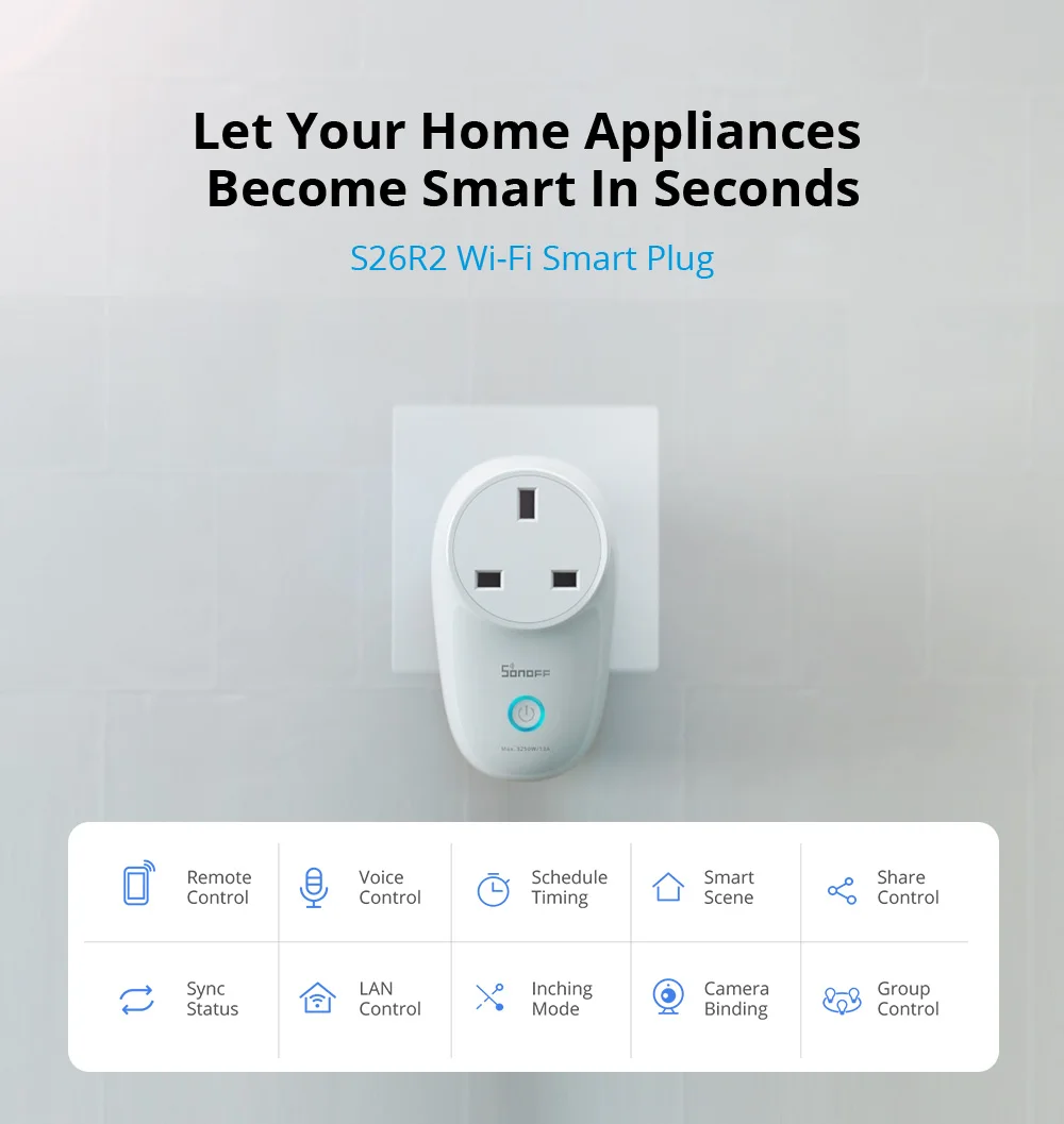 SONOFF S26R2 Wireless Smart Socket WiFi Smart Plug  Switch Timing Smart Voice Remote Control via eWeLink APP Google Home Alexa