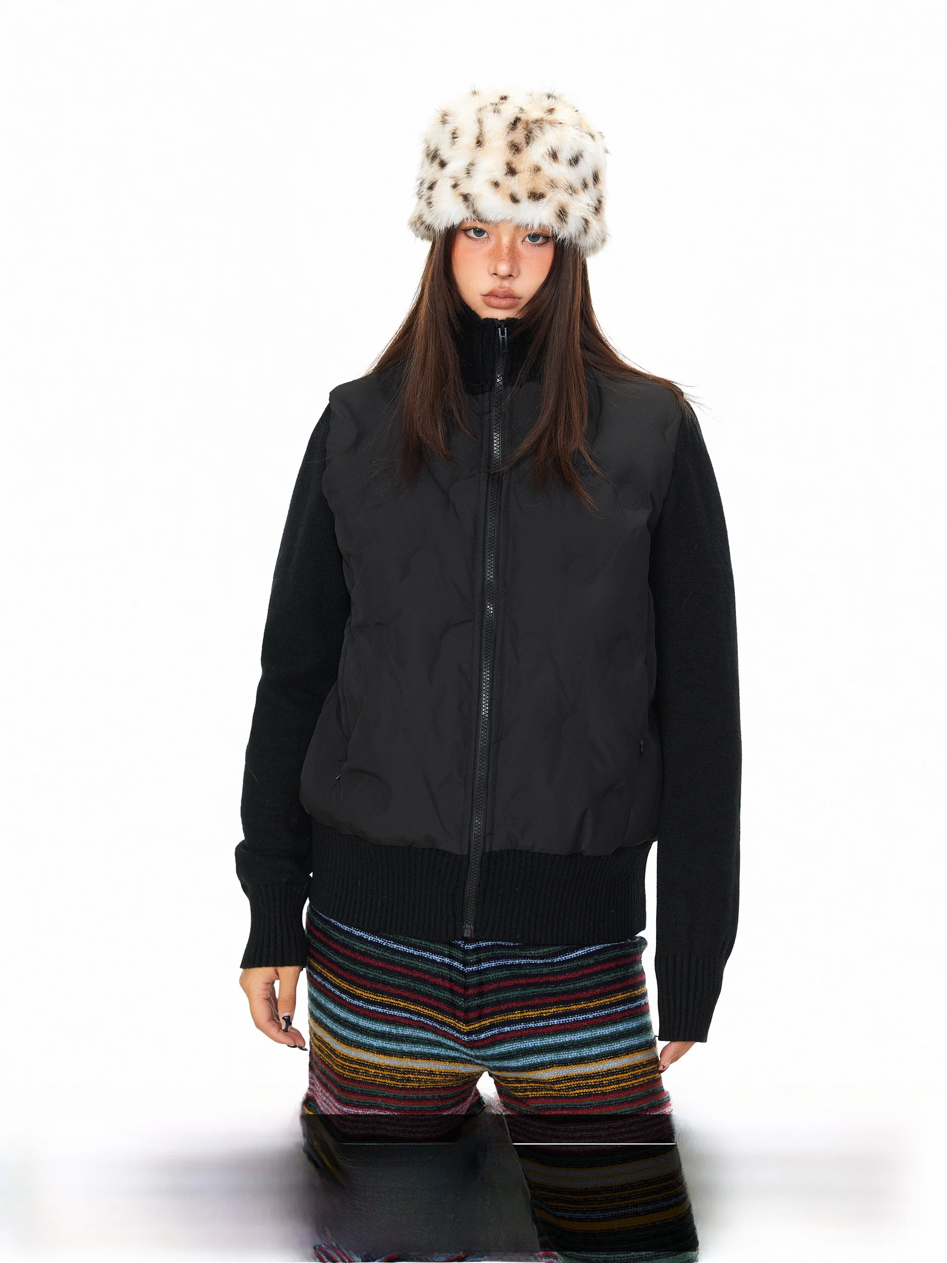 Blackbb Knitted Patchwork Thickened Stand Collar down Jacket American Trendy Loose Lazy Outerwear Warmth Polyester Fiber