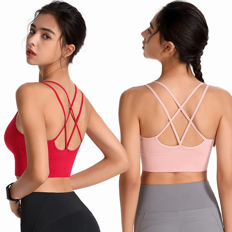 Women Sports Yoga Bras Crossover Bandage Workout Summer Gym Removable Chest Pads Bra Running Training Top Plus Size S-XXL