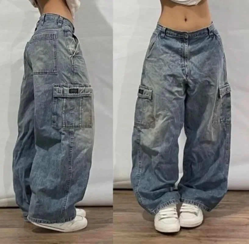 

2024 New Harajuku Casual Loose Multi Pocket Washed Jeans Women Y2K Street Popular Hip Hop Straight Wide Leg Pants Unisex Trouser