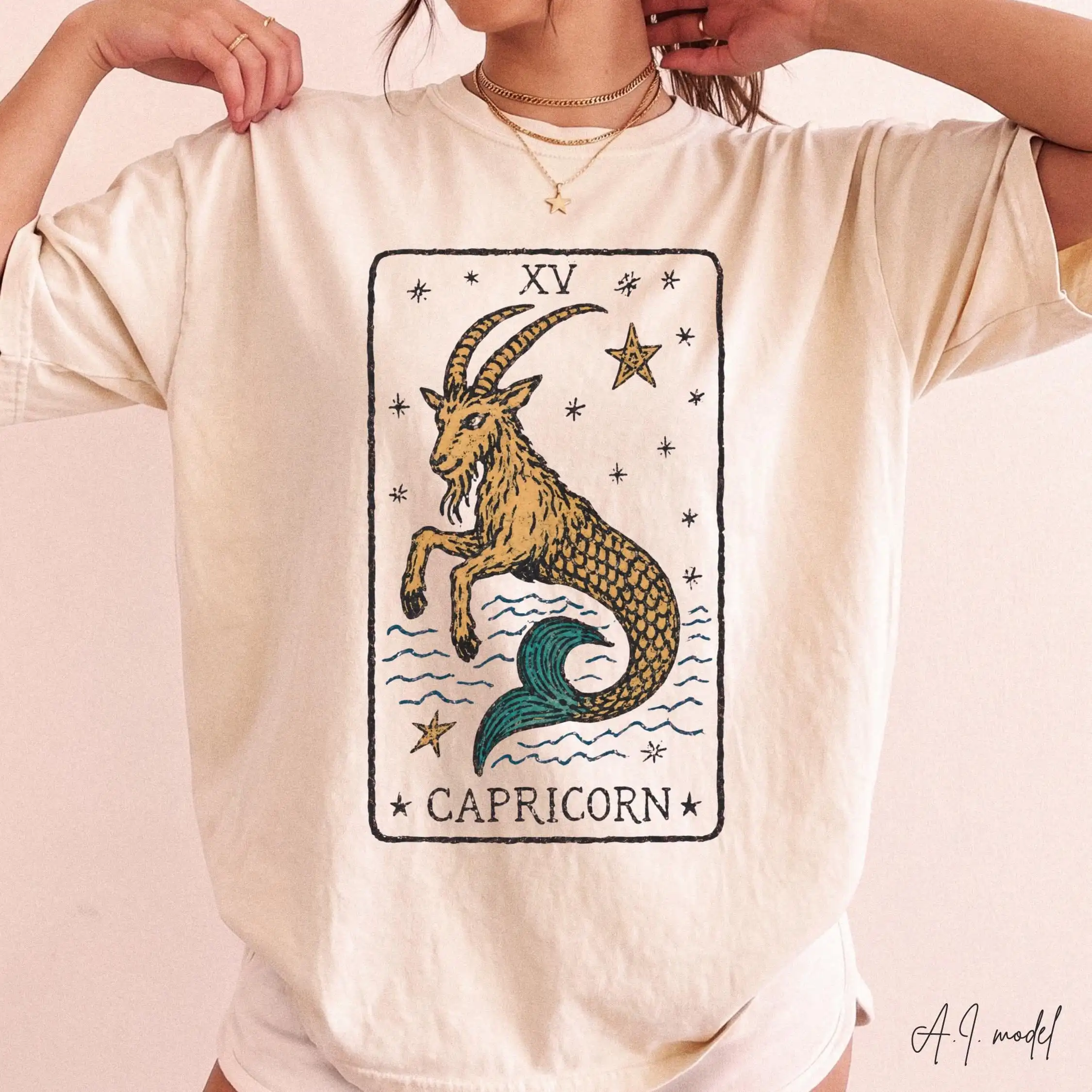 Capricorn Tarot Shirt, Zodiac Graphic Tee, Celestial Astrology T-Shirt, Sea Goat Horoscope Shirt, Vintage Tarot Card Tee