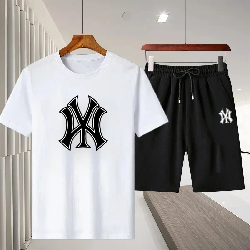 

Summer Men's Casual Fashionable Printed Comfortable Loose Round-neck Short-sleeved T-shirt Top and Shorts Sportswear