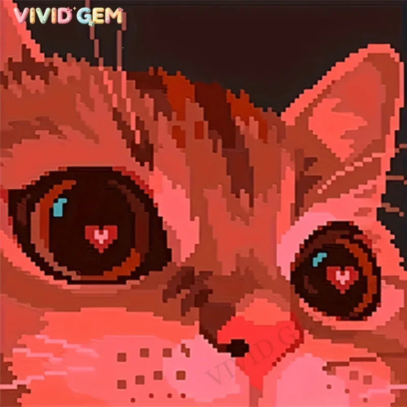 VIVID GEM Pixel-Style Katze mit Herzaugen Diamant-Malerei-Sets Vollständiges Quadrat- & Rundmosaik Handgemachte Kunst Heimdekoration 5D DIY N