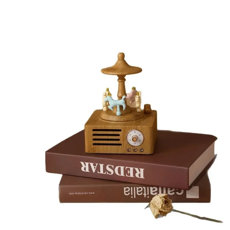 

Wood grain bluetooth speaker, childlike carousel, retro audio