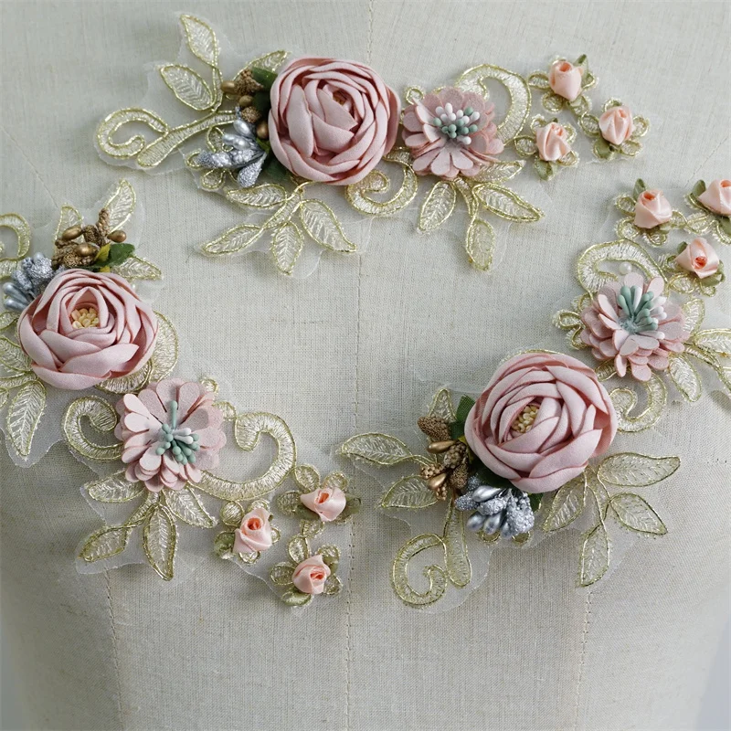 2 Pcs Mauve Rose Floral 3d Buds Applique Embroidery Gold Alencon Cord patch for baby Hairband Lyrical Dance Dress Wedding