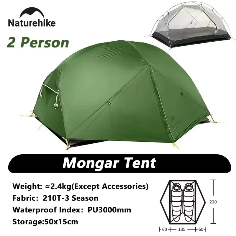 Naturehike Mongar Campingzelt, 20D/210T, 2-Personen-Zelt, ultraleicht, tragbar, doppelschichtig, für Outdoor, Wandern, Reisen, 4-Jahreszeiten-Zelte