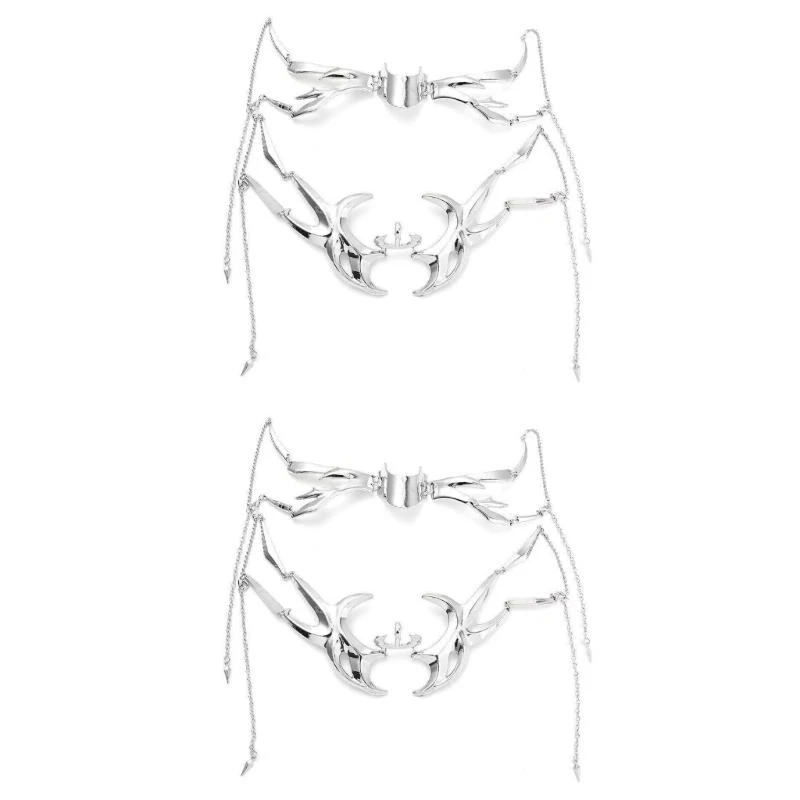 

652F 2Pieces Futuristic Metal Face Chain Jaw Cover Gothic Party Accessory Steampunk