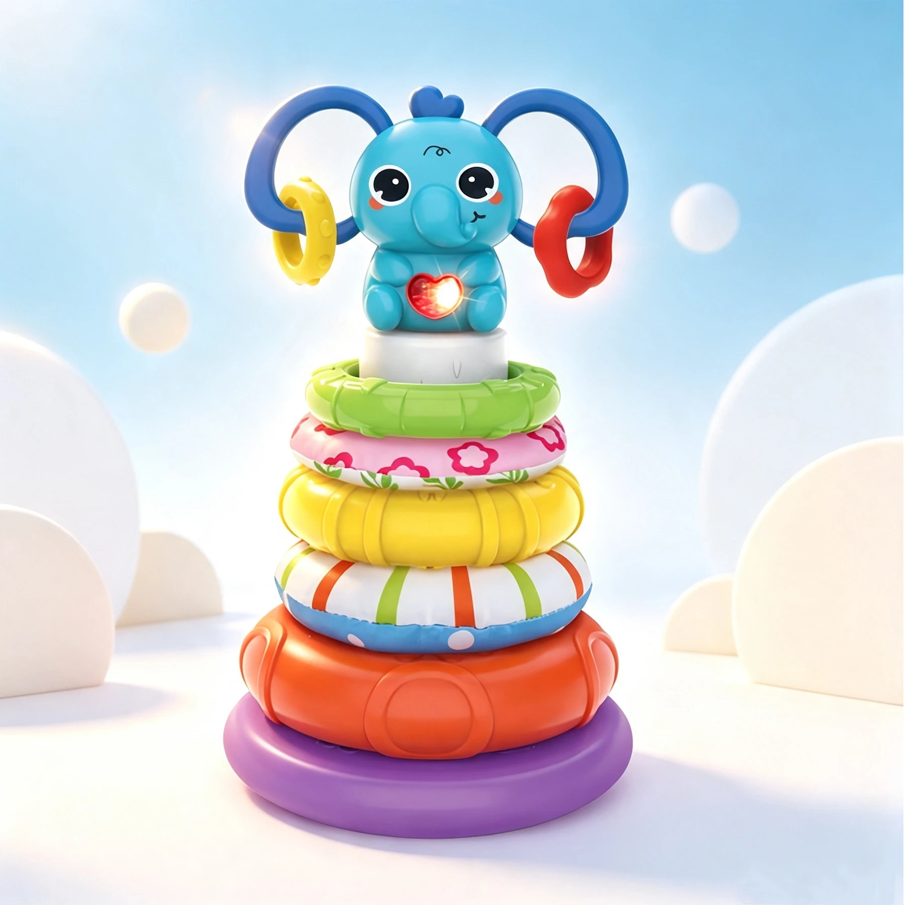 Cute elephant stacking ring toy, light‑music baby stacking interactive early‑education sensory toy