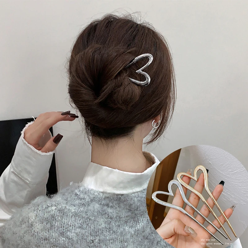 

Korean Hair Accessories Metal U Shape Hair Pins For Women Girls Silver Gold Color Hairwear Simple Heart Shaped Hair Sticks Gifts