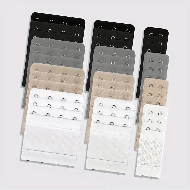 12 Adjustable Bra Extenders - 2/3/4 Hook Design, Soft Stretch Fabric, Suitable for Bras, Tank Tops, Swimsuits - Multi-Color (Black/Grey/Beige/White) - Women's Lingerie Extension Straps, Provide Long-Lasting Support and Fit