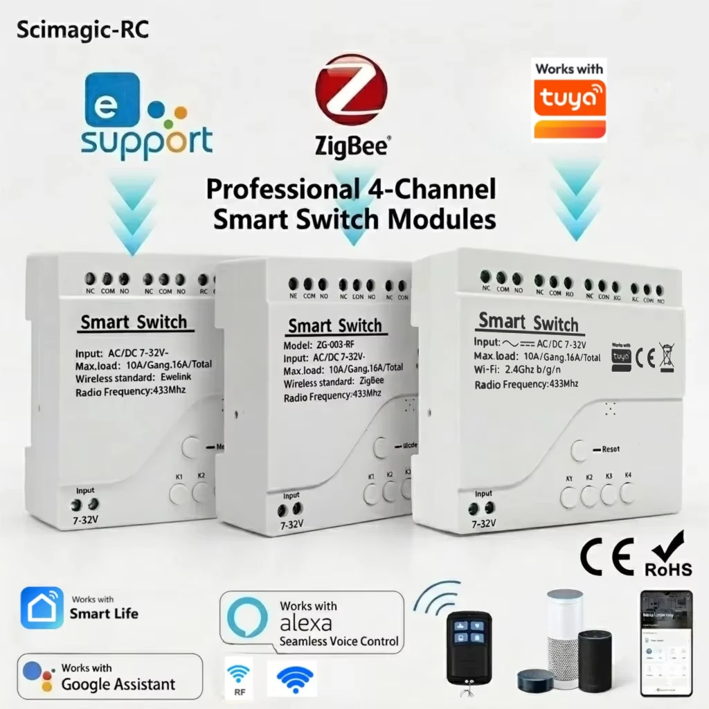 4-Kanal Smart Switch Modul WiFi/ZigBee 433MHz RF Relais AC/DC 7-32V 220V 16A Fernbedienung Smart Kompatibel mit Tuya Ewelink APP Alexa