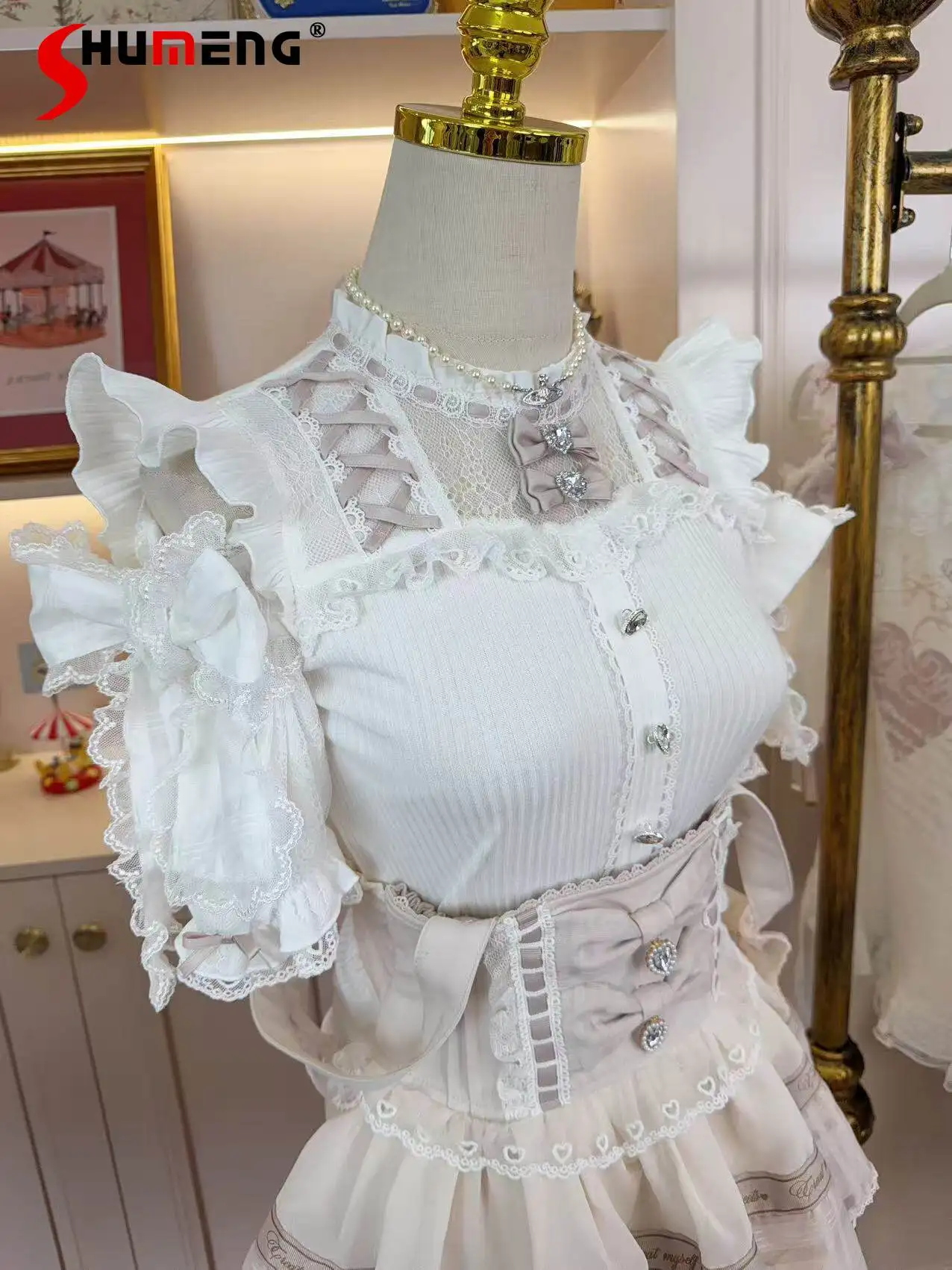 

Japanese Sweet Cute Girl's Off-shoulder Short-sleeved T-shirt Lace Spliced Bow Heart Buckle Versatile Lolita Short Tops Women
