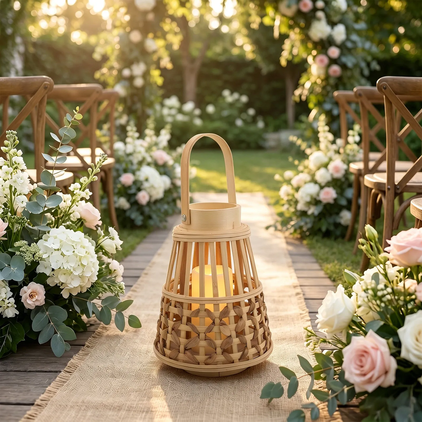 Handwoven Bamboo Lantern LED Holder Rustic Farmhouse Lampshade Portable Handheld Lantern Wedding Table Centerpiece