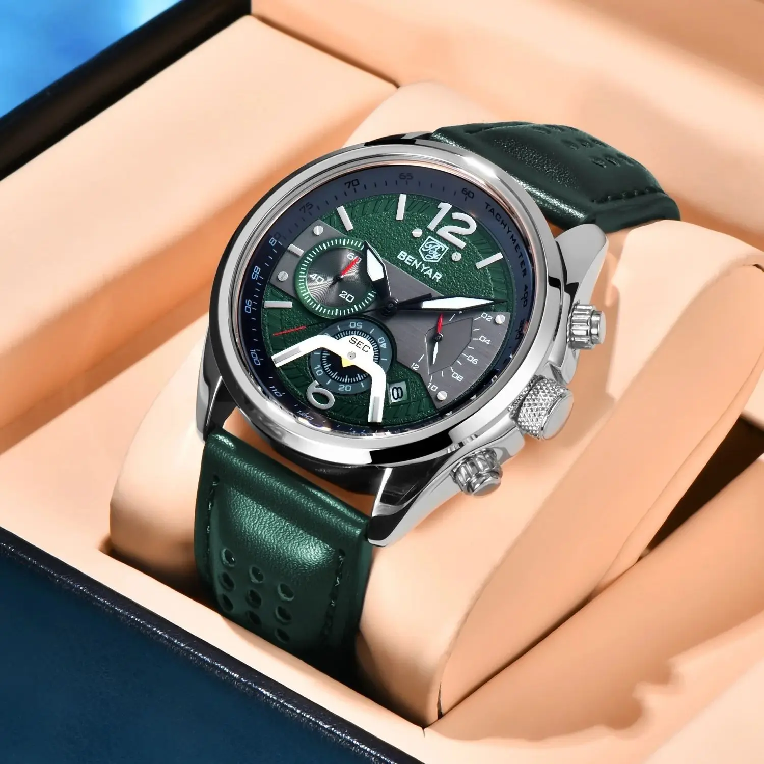 

2025 New BENYAR Men's Waterproof Sports Watch Genuine Leather Strap 42MM Stainless Steel Quartz Wristwatch