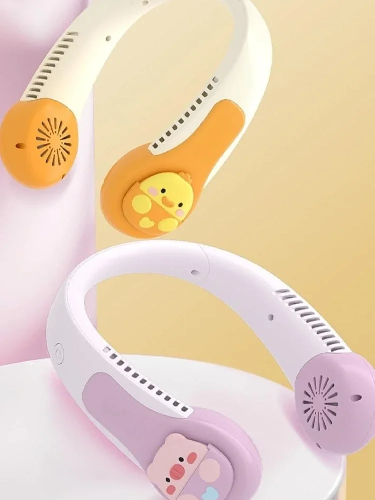 Portable Neck Fan Cute Pink Pig Dinosaur Bladeless Neck Fan 3 Speeds Rechargeable Headphone Design Wearable Personal USB Fan