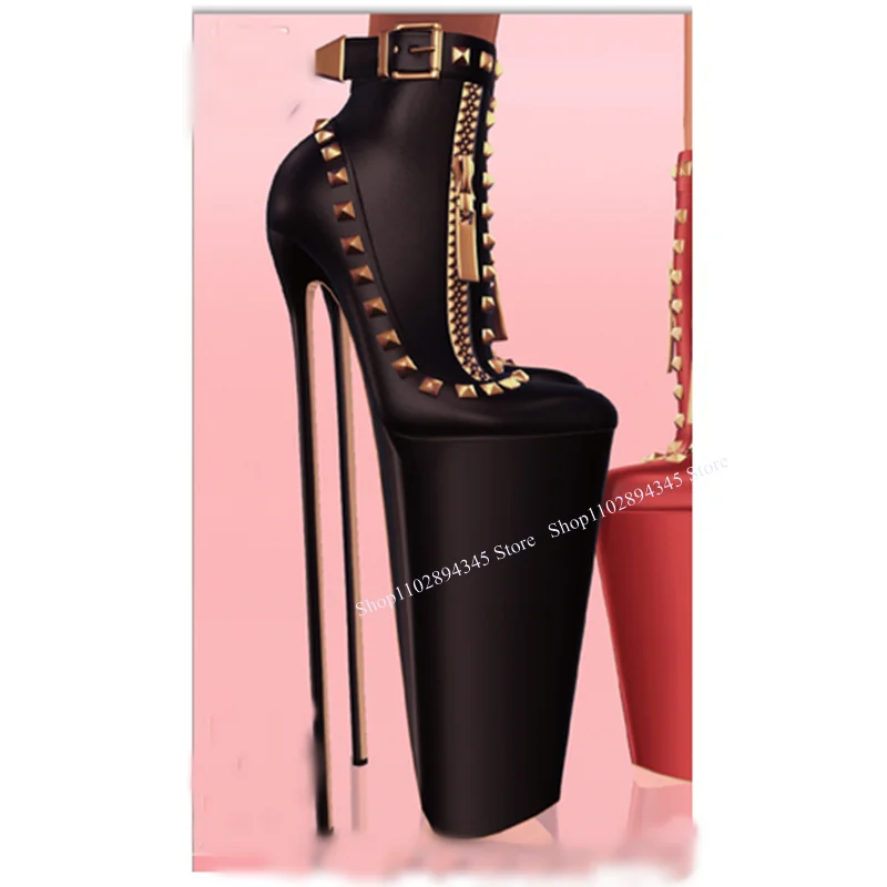 Black Rivet Zipper Mid Calf Platform Boots Thin High Heel Pointed Toe Fashionable Sexy Winter 2024 Woman Shoes Zapatillas Mujer