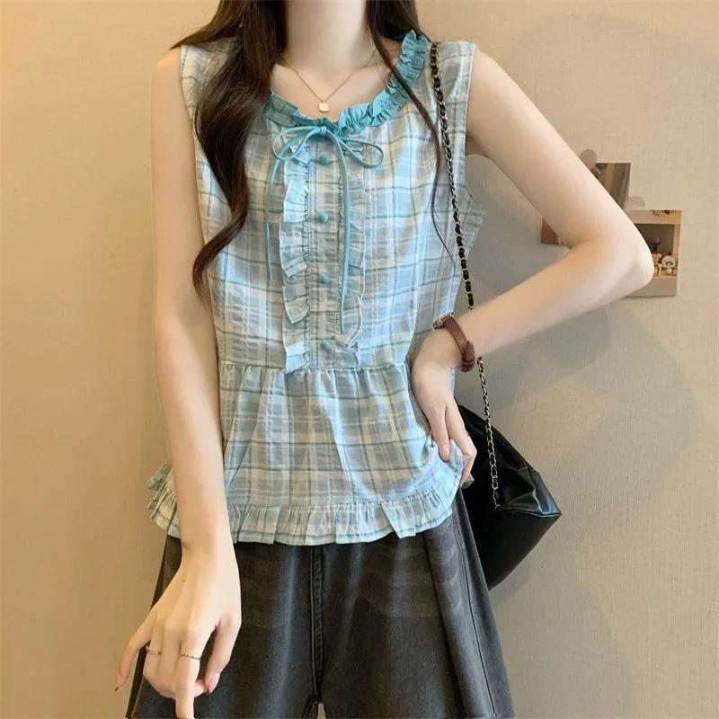 

Women Clothing Summer Fashion Casual Button Plaid Female Simplicity Trend All-match Plaid Ruffles O-neck Short Sleeve Cardigan
