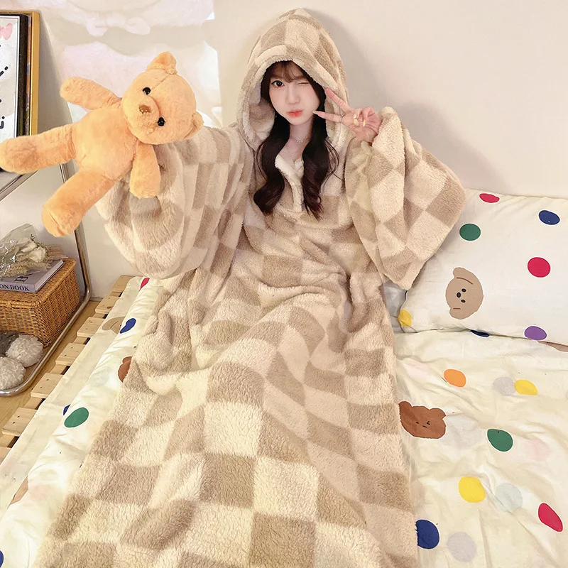 Autumn Winter Oversize Warm Hooded Robe Women Coral Fleece Plaid Bathrobe Loose Flannel Homewear Soft Comfy Loungewear Sleepwear