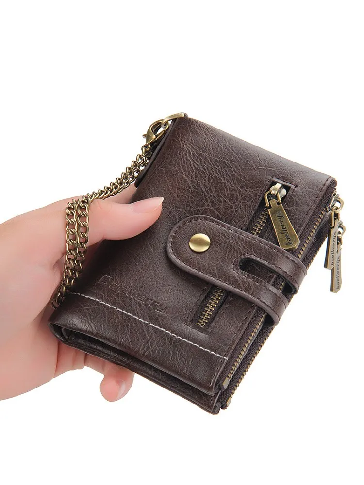 Men's Short Wallet with Anti-Lost Chain Double Zipper Design Multiple Card Slots Compact Purse for Everyday Use