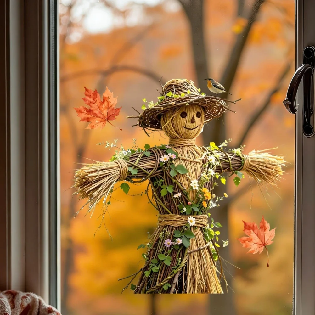 Moisture-Resistant PVC Autumn Scarecrow Cling for Windows with High Definition Print and Bubble-Free Installation