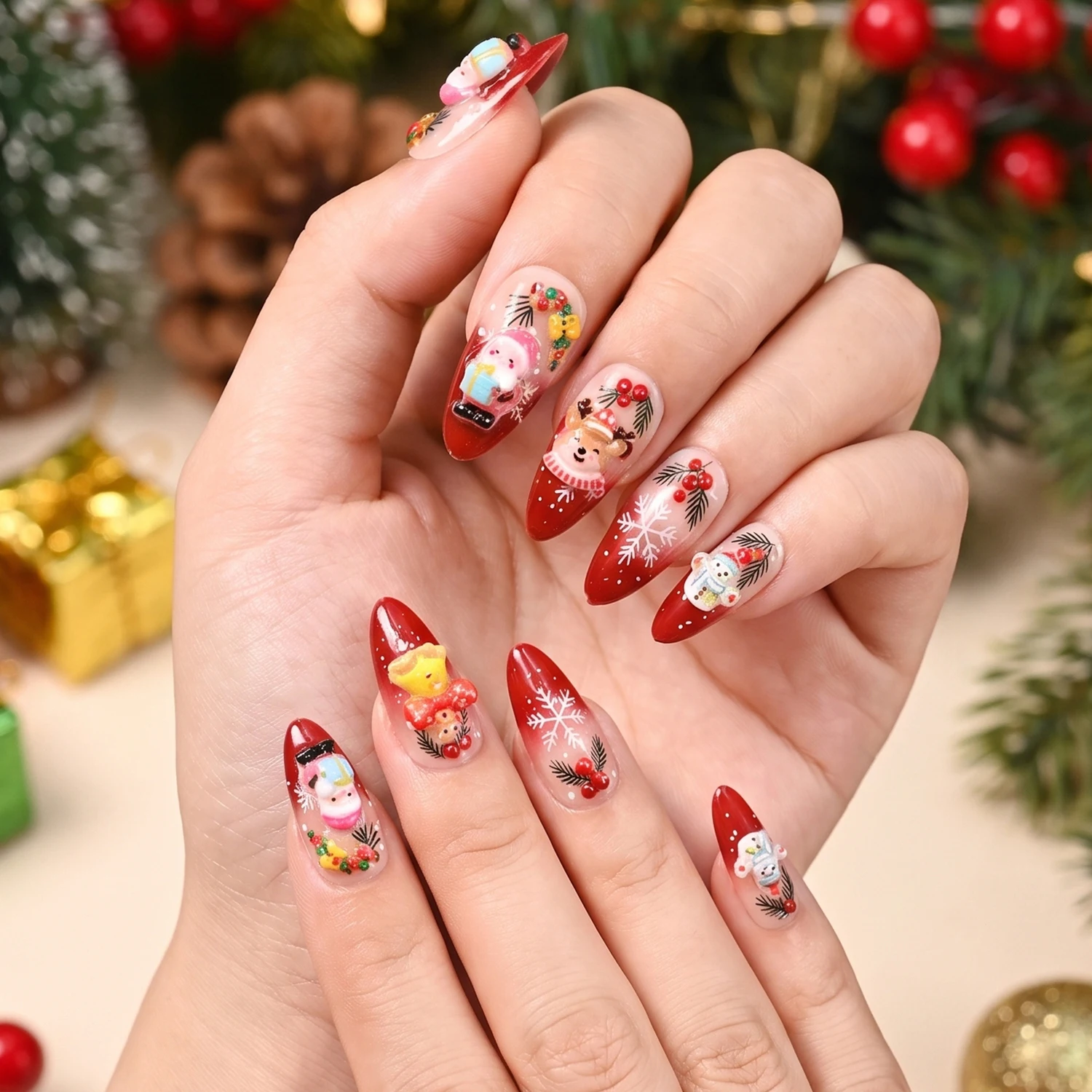 24Pcs Xmas Almond Press On Nails 3D Santa Reindeer Snowman Ornament Fake Nails For Christmas Eve Celebration & New Year Nail DIY