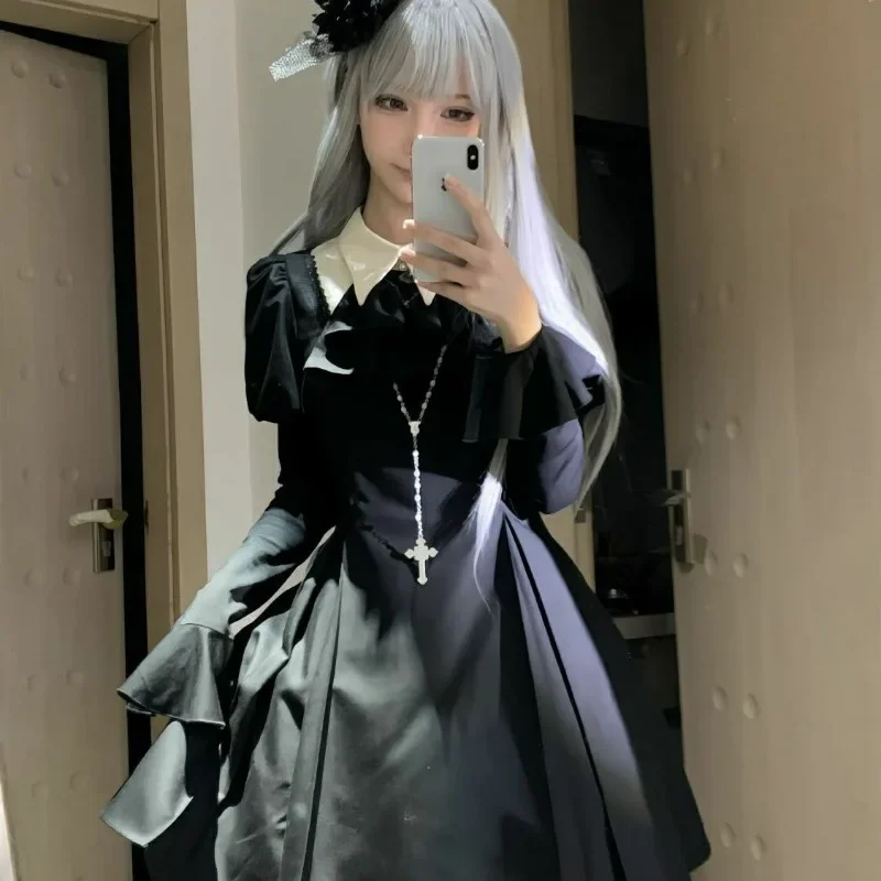 2024 New Autumn Gothic Vintage Lolita Halloween Fishbone Waist Dress Dark Harajuku Retro Punk Y2K Grunge Casual Slim Dresses