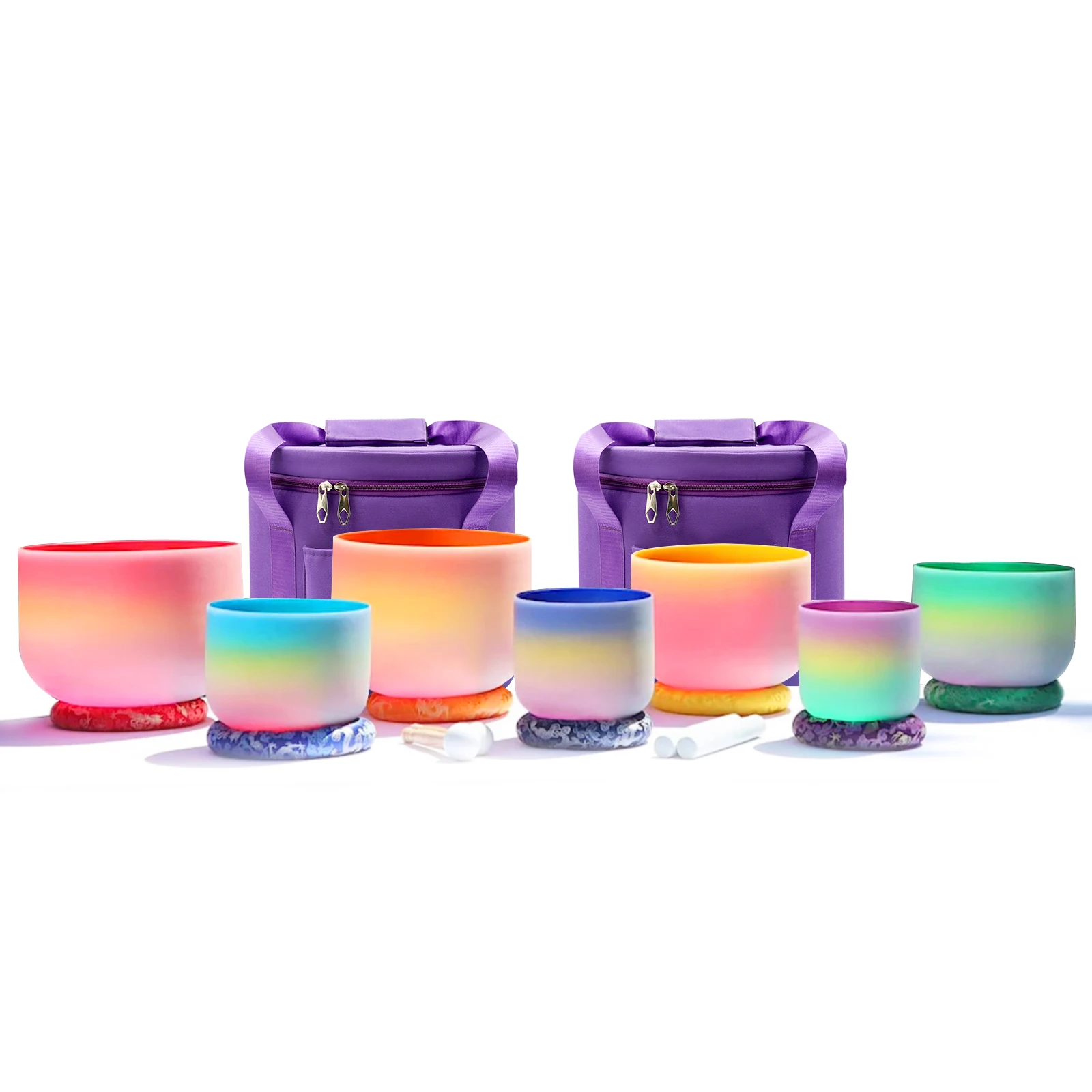 Hye-eun 7-teiliges Regenbogen-Quarz-Klangschalen-Set 6-12 Zoll Mattierte Chakra-Schalen für Klangheilung mit Seiden-O-Ringen und Tasche