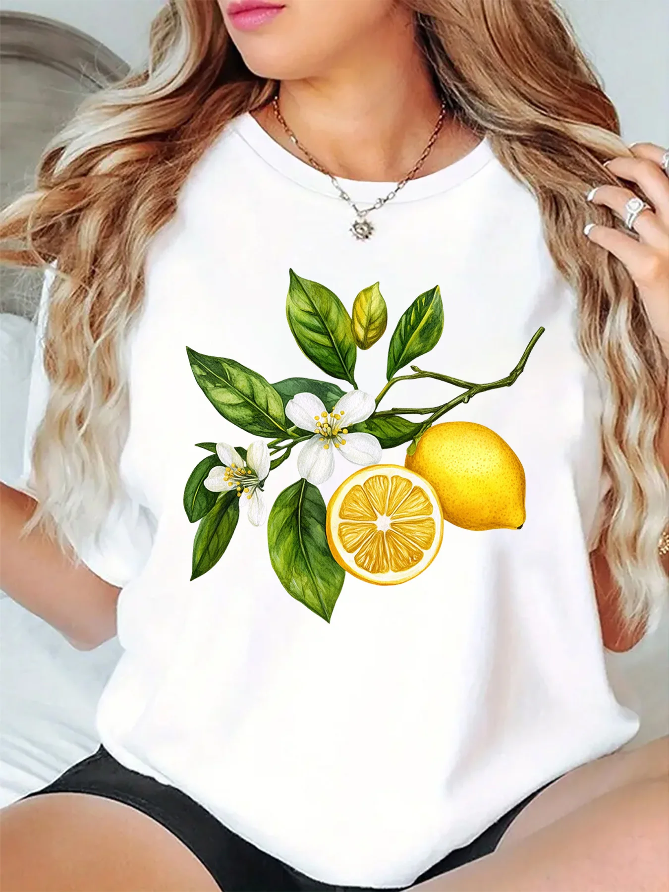 Fresh Lemon Branch With White Blossom Graphic Womens T Shirt Short Sleeve Crew Neck Natural Fruit Casual Daily Ladies Tee Tops