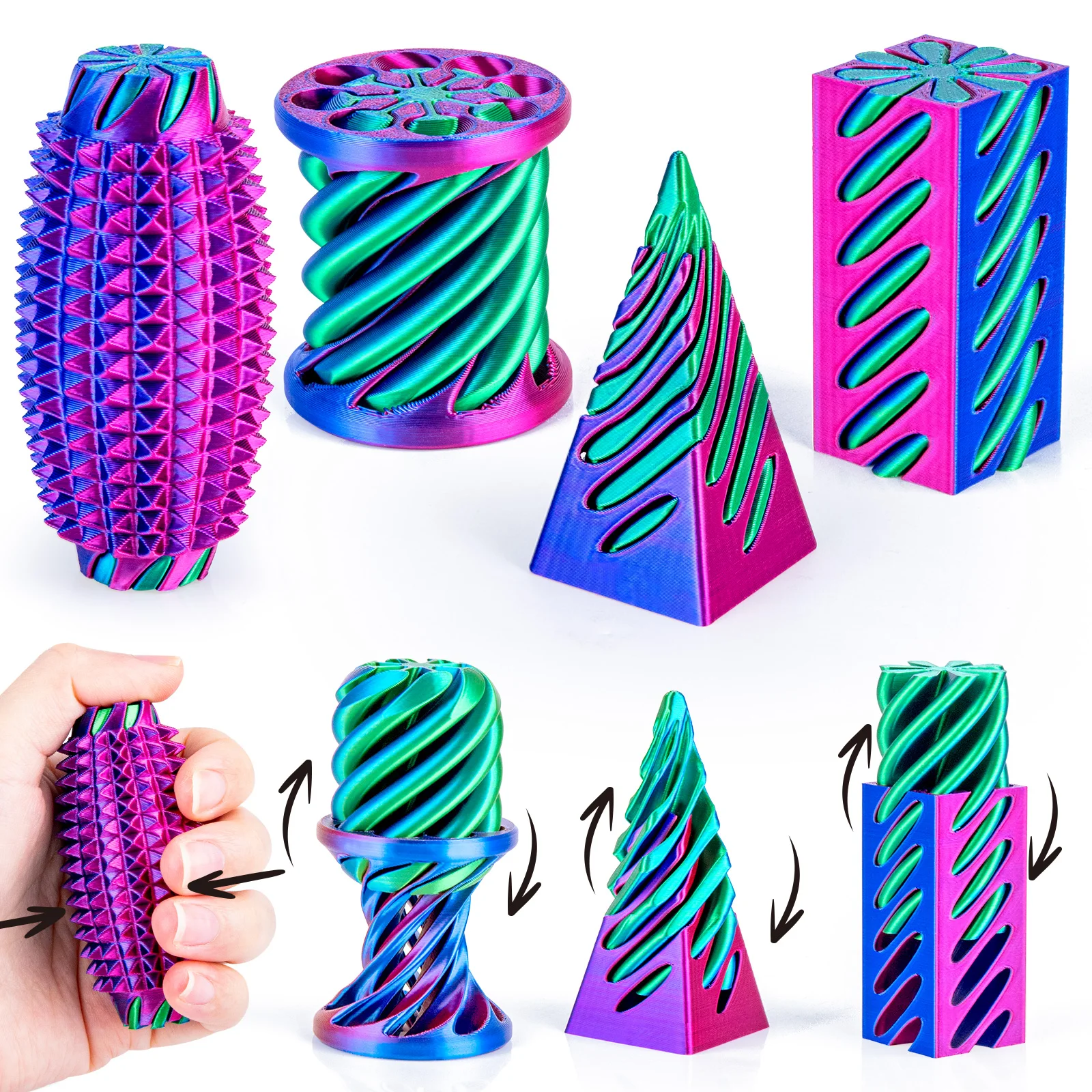 4/8 Pack 3D Printed Fidgets, Impossible Cone Spiral Pyramid, Little Ouchies Pain Stim, Stress Relief Desk Toy Gifts