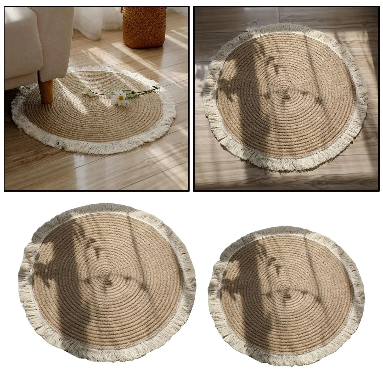 Soft Natural Jute Round Area Rug Tassel Home Decor for Kids Room Floor Mat