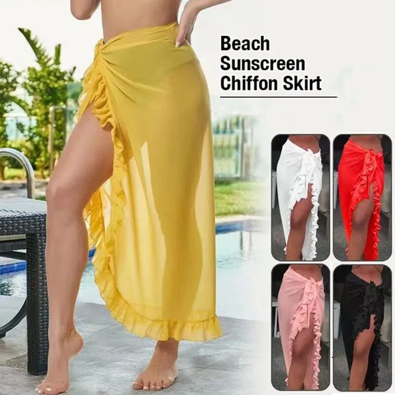 Women Chiffon See-Through Beach Bikini Cover Up Wrap Scarf Swimwear Pareo Sarong Dress Solid Ruffle Casual Beach Dress