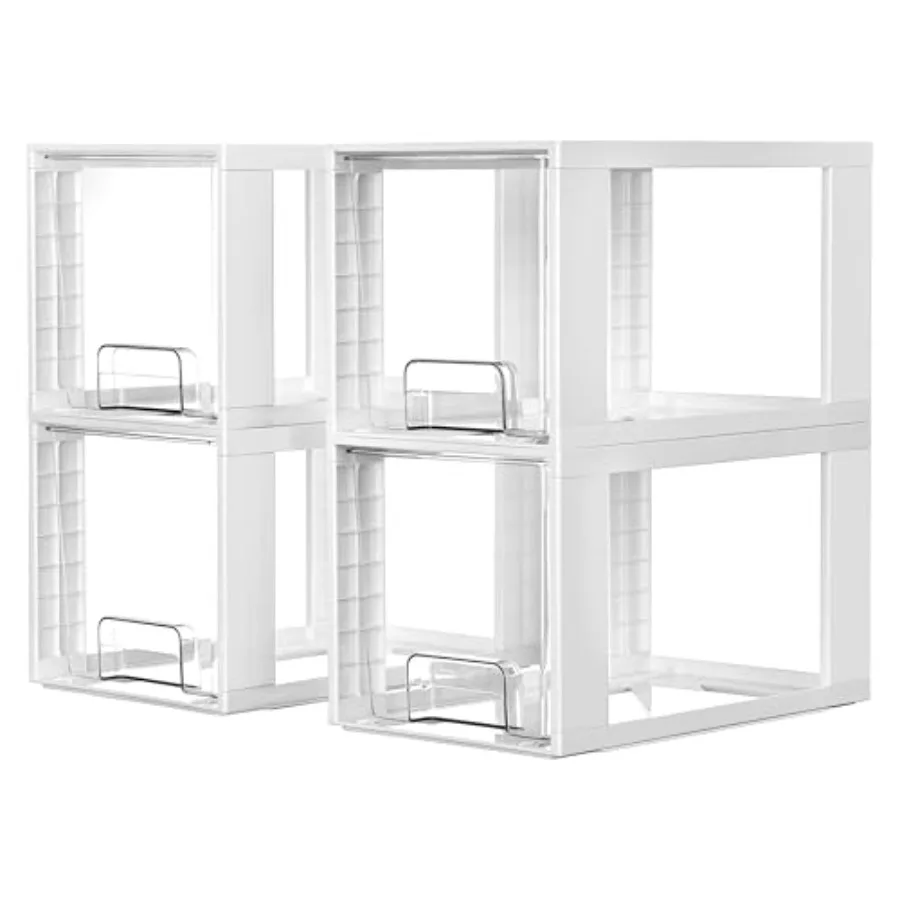 

Набор из 4 больших штабелируемых ящиков Vtopmart: белые пластиковые контейнеры для кухонных шкафов, кладовой, организации косметики и медикаментов