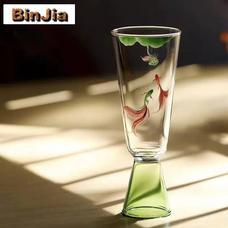 

220Ml Heat Resistant Glass High Foot Tea Cup Handmade Decals Fish Playing Master Green Tasting Snifter Personal Mugs
