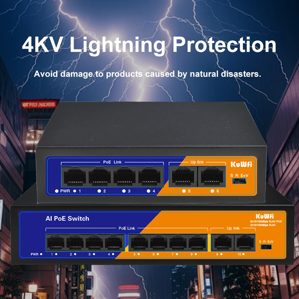 

4/8-портовый коммутатор POE KuWFi, сетевой коммутатор Ethernet 10/100 Мбит/с с выдвижным режимом 250 метров, Plug and Play для IP-камеры, CCTV, AP