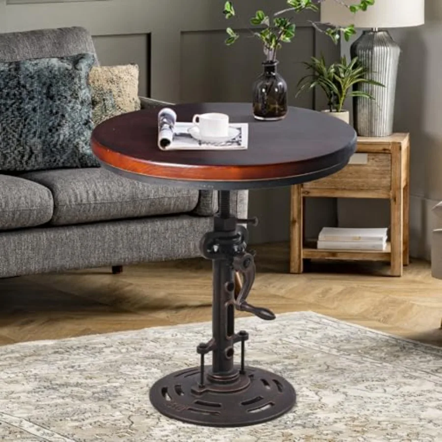 Industrial Retro Side Table for Living Room, Black Walnut Wood Top with Copper Accents, Antique Mechanic Crank Height Adjustabl